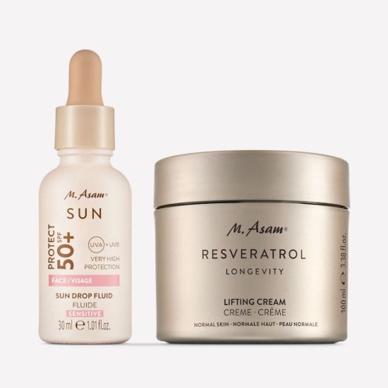 M. Asam RESVERATROL LONGEVITY Lifting Face Cream & Sun Drop Fluid Sunscreen Serum Face SPF 50+ Sensitive