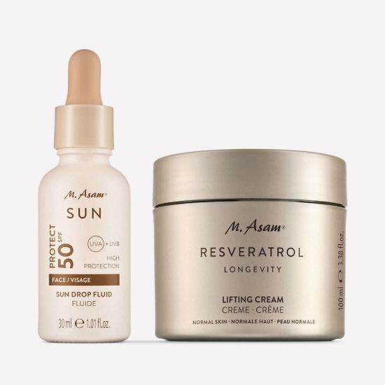 M. Asam RESVERATROL LONGEVITY Lifting Face Cream & Sun Drop Fluid Sunscreen Serum Face SPF 50
