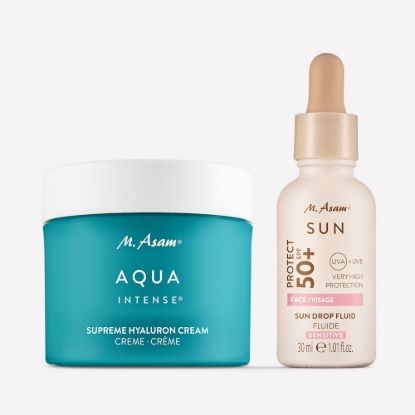 M. Asam AQUA INTENSE Supreme Hyaluron Face Cream & Sun Drop Fluid Sun Protection Serum Face SPF 50+ Sensitive