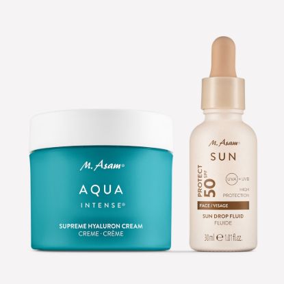 M. Asam AQUA INTENSE Supreme Hyaluron Face Cream & Sun Drop Fluid Sunscreen Serum Face SPF 50